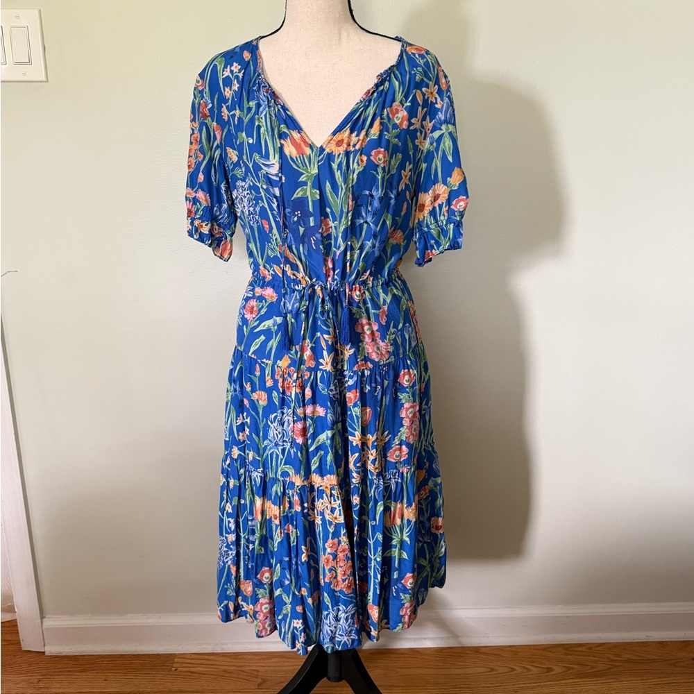 J. McLaughlin Blue Pleated Sundress with Flutter Sleeves